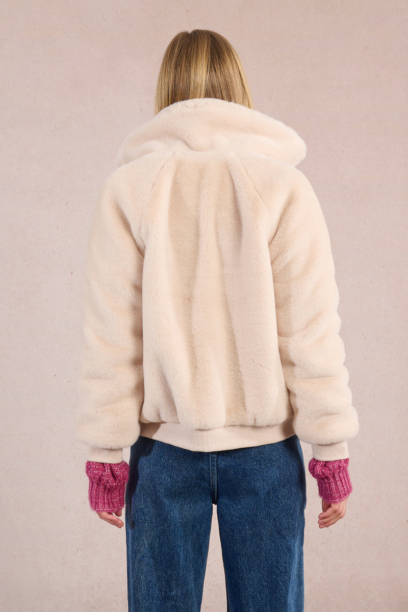 Plush Faux Fur Jacket in Off White
