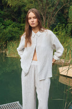 Load image into Gallery viewer, Gauze Button Down Shirt in Off White/Navy Stripe
