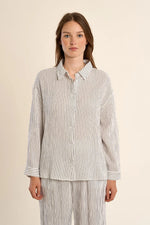 Load image into Gallery viewer, Gauze Button Down Shirt in Off White/Navy Stripe
