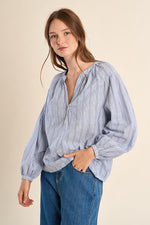 Load image into Gallery viewer, Split Neck Striped Blouse in Blue
