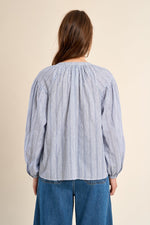 Load image into Gallery viewer, Split Neck Striped Blouse in Blue
