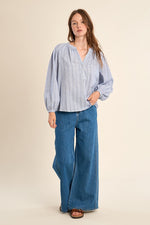 Load image into Gallery viewer, Split Neck Striped Blouse in Blue
