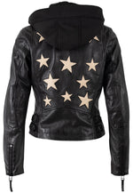 Load image into Gallery viewer, Christyn Removable Hood Star Detail Leather Jacket in Black
