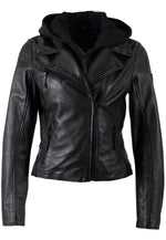 Load image into Gallery viewer, Christyn Removable Hood Star Detail Leather Jacket in Black
