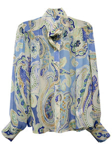 Shirred Sleeve Blouse in Blue Paisley