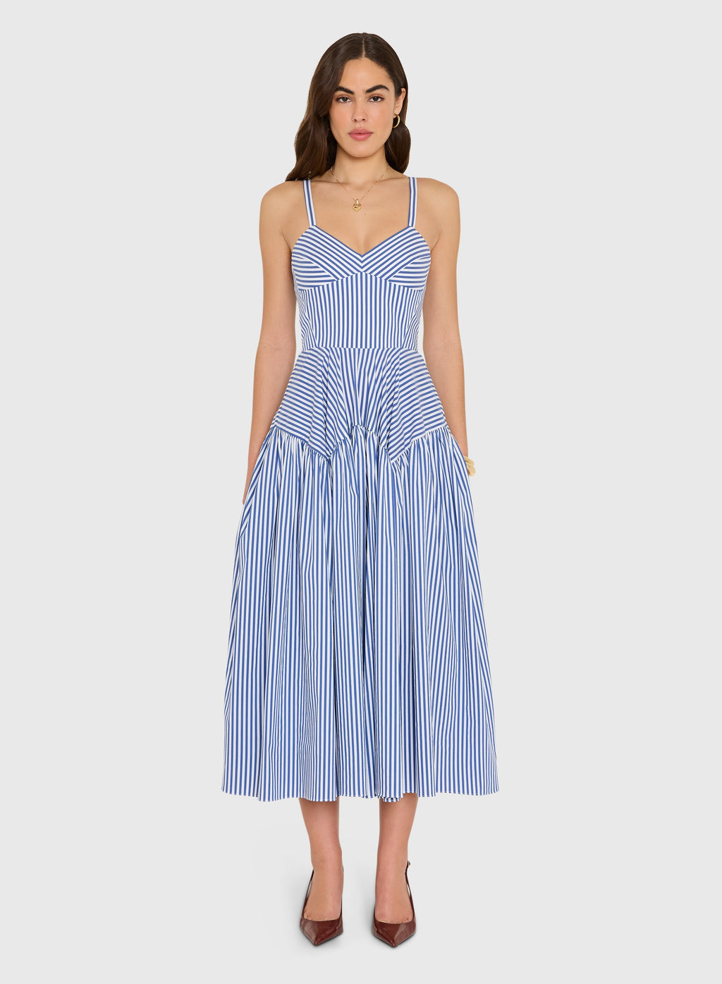pinstripe blue dress Eve Navy Pinstripe Plunge-Neckline Tailored Maxi Dress  Club L London