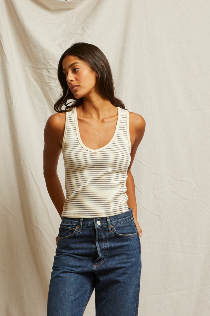 Maria Ribbed V-Neck Tank in Navy/Natural Stripe