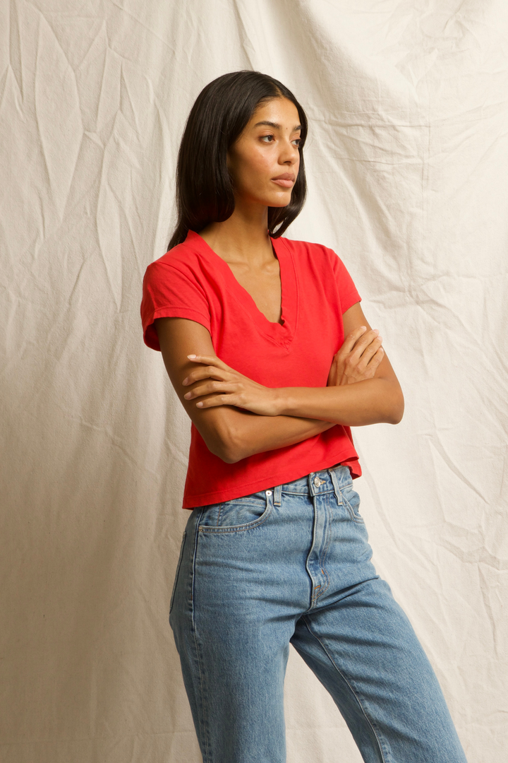 Alanis Recycled Cotton V-Neck Tee in Poppy Red