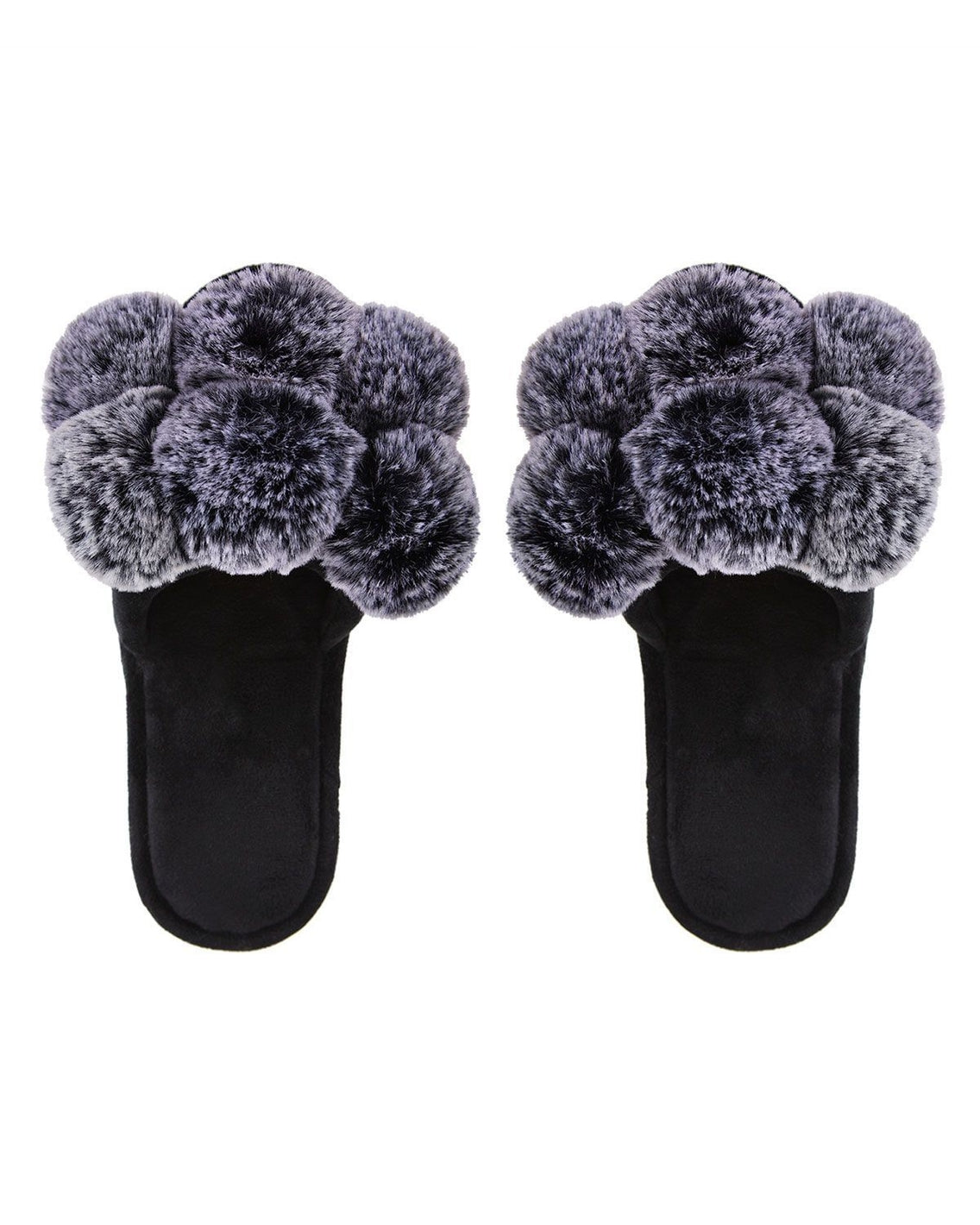 Luxe Pom Pom Open Toe Slippers in Black