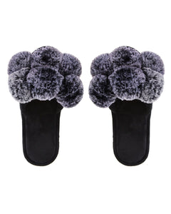 Luxe Pom Pom Open Toe Slippers in Black