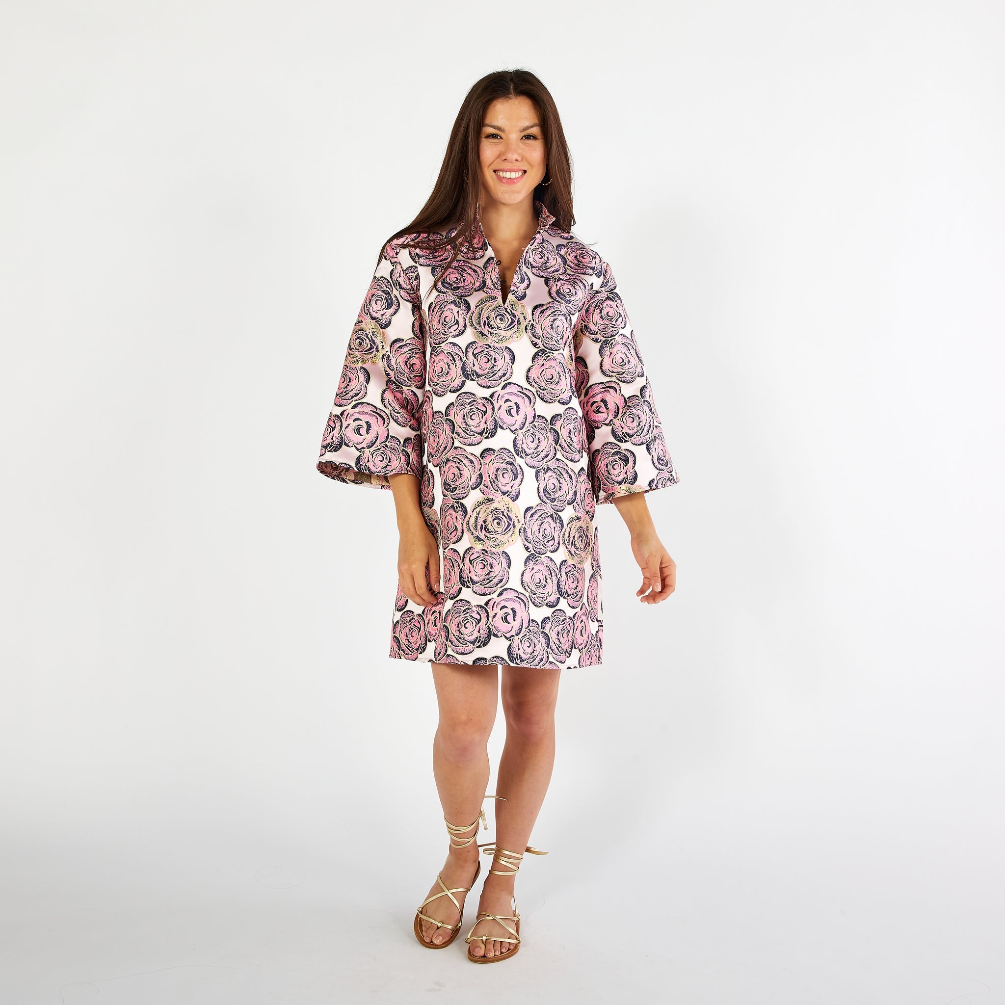 Kari Jacquard Rose Dress in Navy and Pink