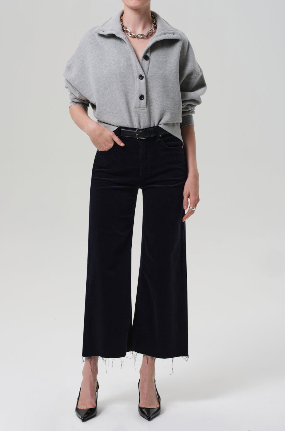 Lyra Wide Leg Crop Corduroy in Navy