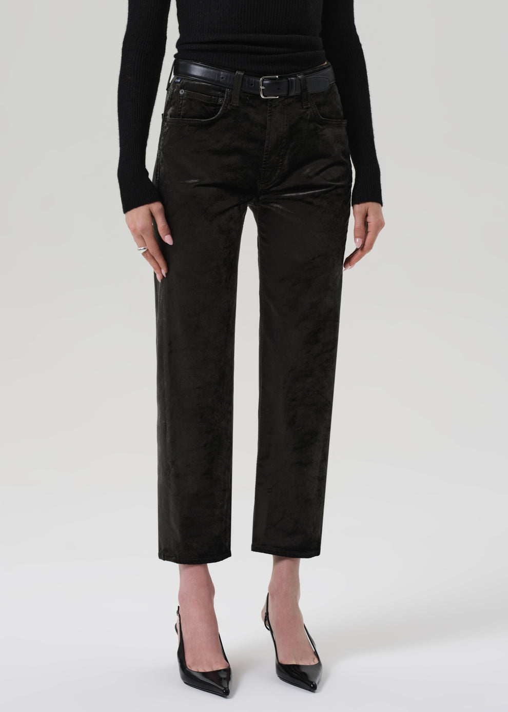 Delfina High Rise Straight Velvet in Olive Leaf