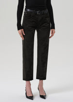 Load image into Gallery viewer, Delfina High Rise Straight Velvet in Olive Leaf
