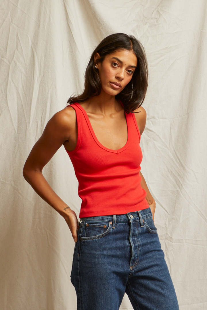 Maria Ribbed V-Neck Tank in Poppy Red