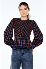 Load image into Gallery viewer, Plaid Smocked Long Sleeve Top in Navy/Brown Multi
