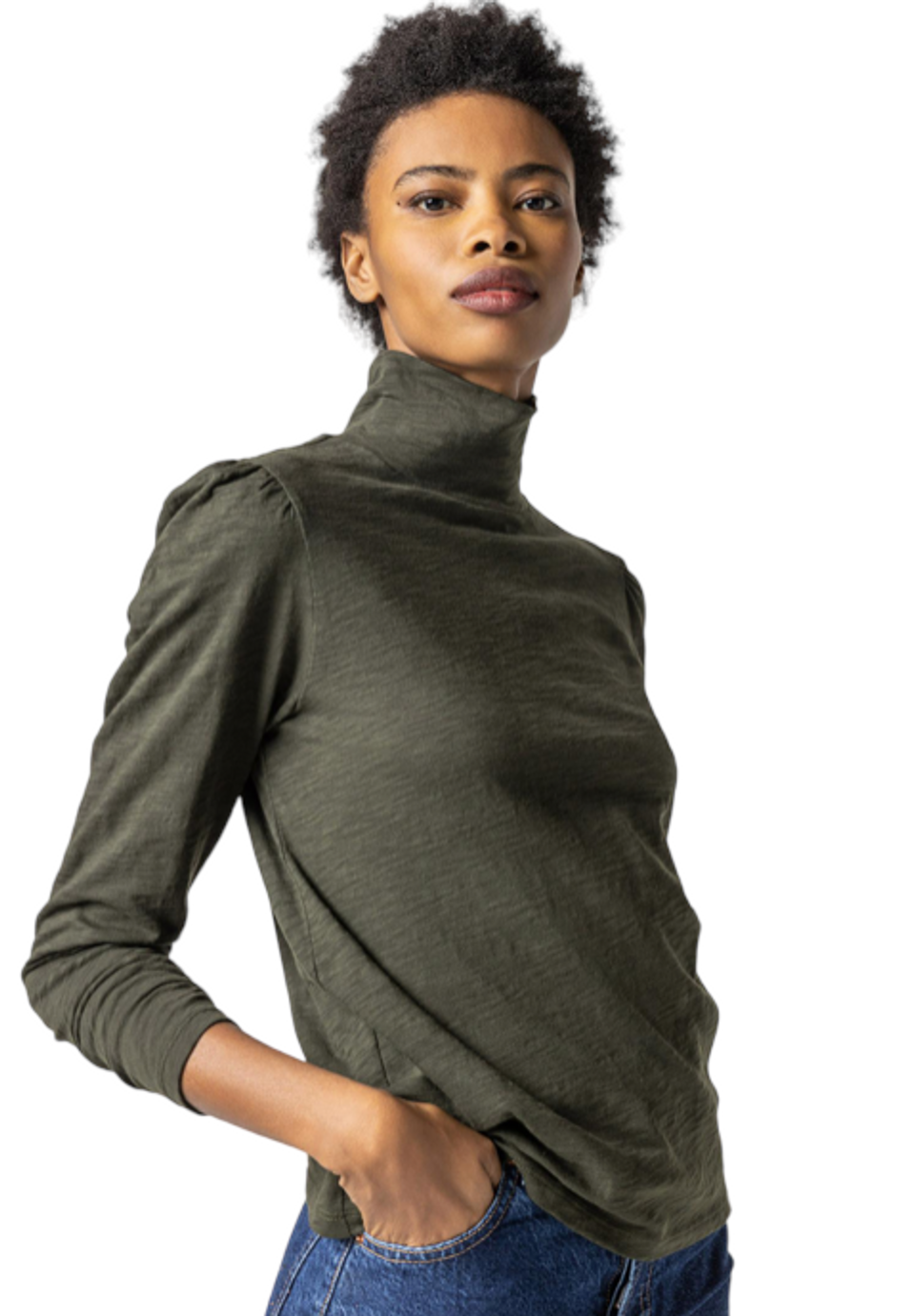 Puff Sleeve Turtleneck in Loden