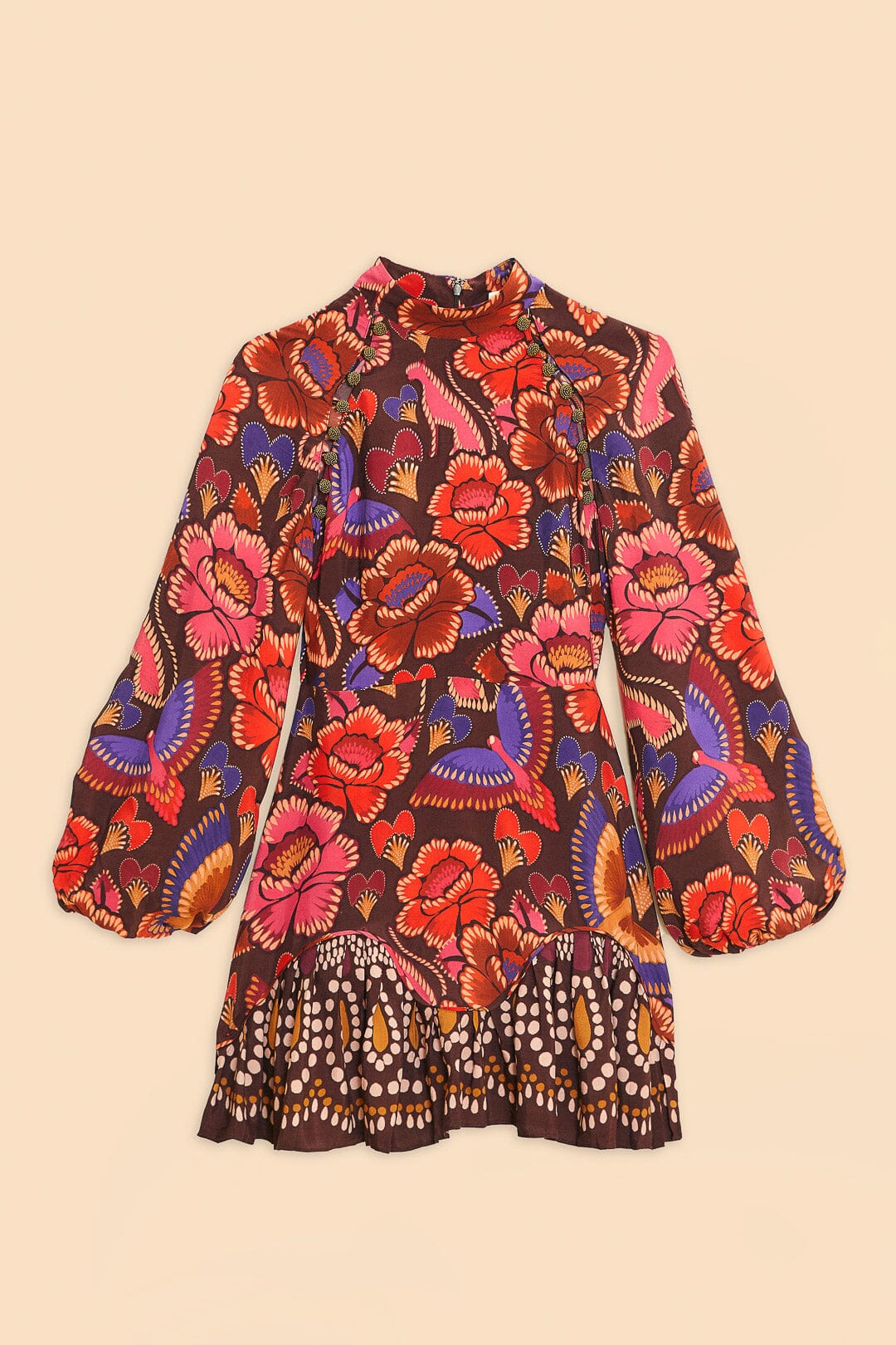 Bright Flora Brown Long Sleeve Mini Dress