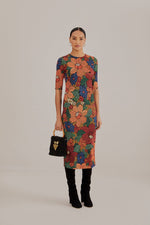 Load image into Gallery viewer, Stitched Flowers Midi Dress in Black Mulit
