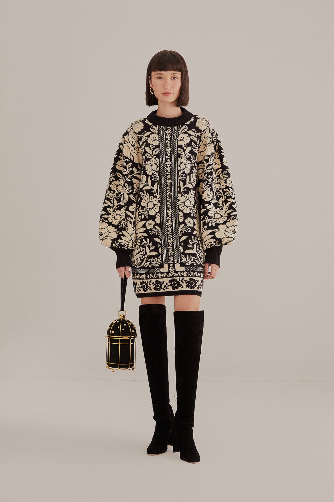 Black Pineapple Garden Mini Sweater Dress in Black/Cream