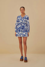 Load image into Gallery viewer, Flowerful Birds Mini Dress in Off White/Blue
