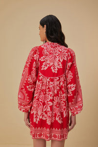 Flora Tapestry Long Sleeve Mini Dress in Red