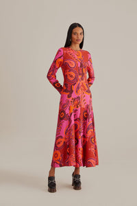 Pink Bold Floral Long Sleeve Maxi Dress in Pink Multi