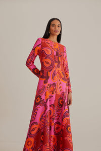 Pink Bold Floral Long Sleeve Maxi Dress in Pink Multi