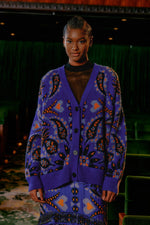 Load image into Gallery viewer, Toucans Scarf Mixed Prints Knit Cardigan in Blue/Blush
