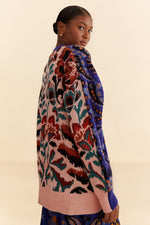 Load image into Gallery viewer, Toucans Scarf Mixed Prints Knit Cardigan in Blue/Blush
