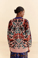 Load image into Gallery viewer, Toucans Scarf Mixed Prints Knit Cardigan in Blue/Blush
