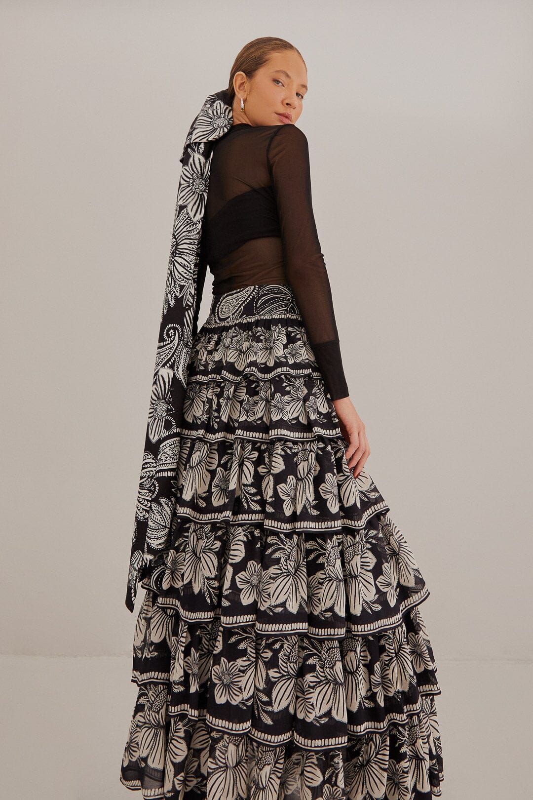 Black Paisley Bloom Tiered Skirt in Black/Cream