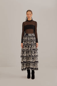 Black Paisley Bloom Tiered Skirt in Black/Cream