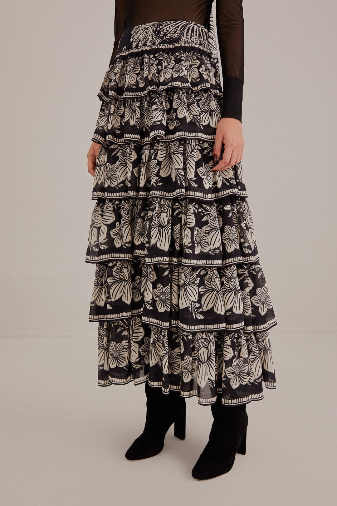 Black Paisley Bloom Tiered Skirt in Black/Cream