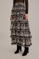 Load image into Gallery viewer, Black Paisley Bloom Tiered Skirt in Black/Cream
