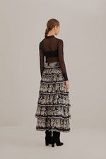 Load image into Gallery viewer, Black Paisley Bloom Tiered Skirt in Black/Cream
