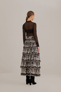Black Paisley Bloom Tiered Skirt in Black/Cream