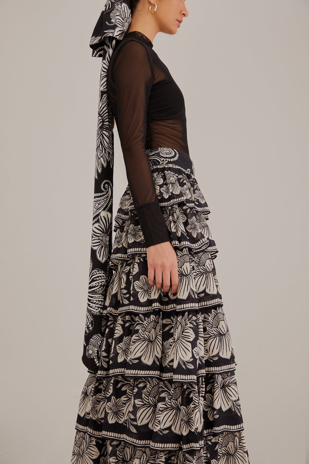 Black Paisley Bloom Tiered Skirt in Black/Cream