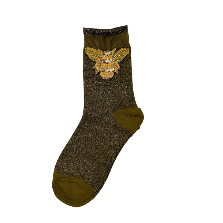 Tokyo Socks with Beaded Pins  - Olive w/ Gold Bee