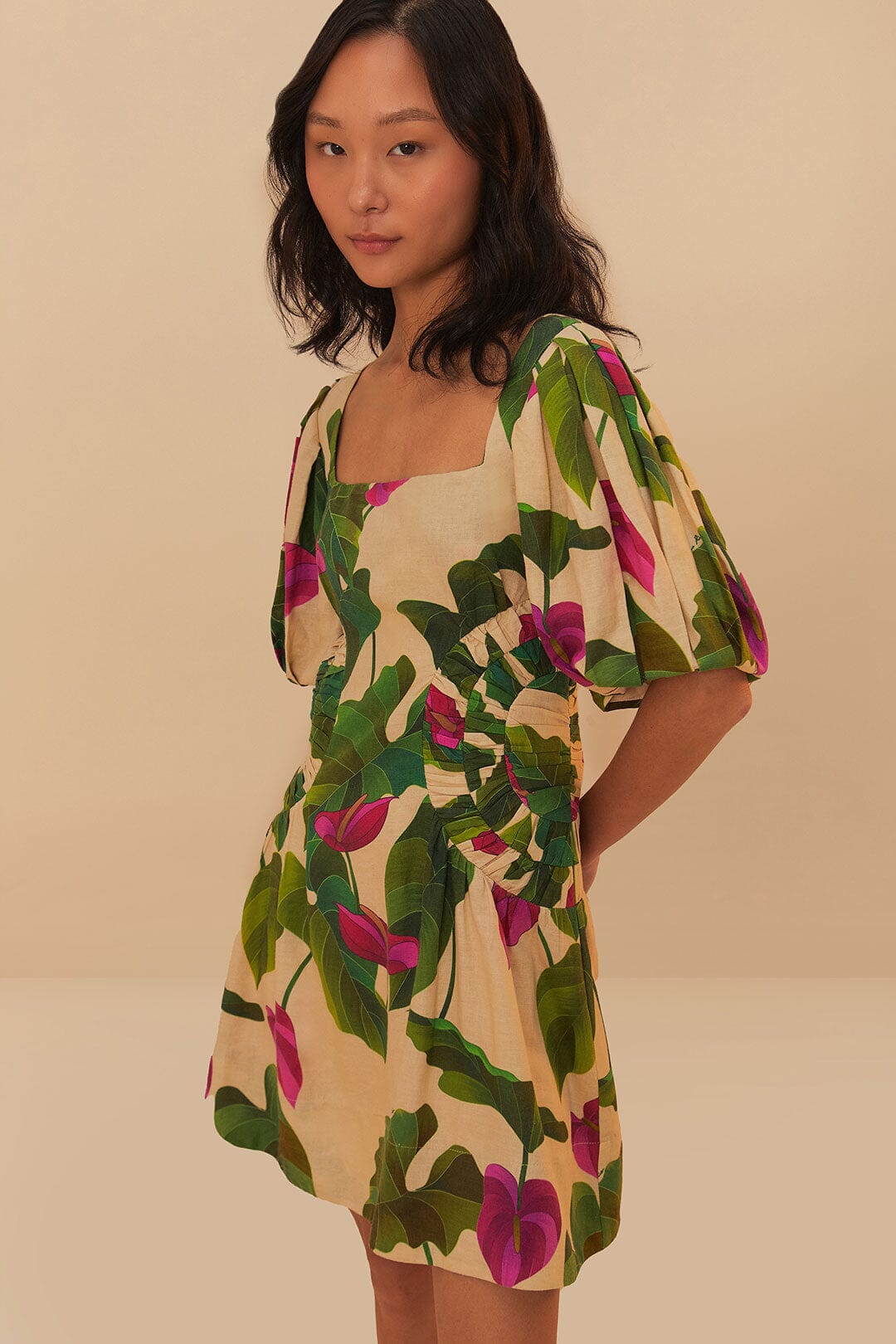 Anthurium Leaves Short Sleeve Square Neck Dress in Sand