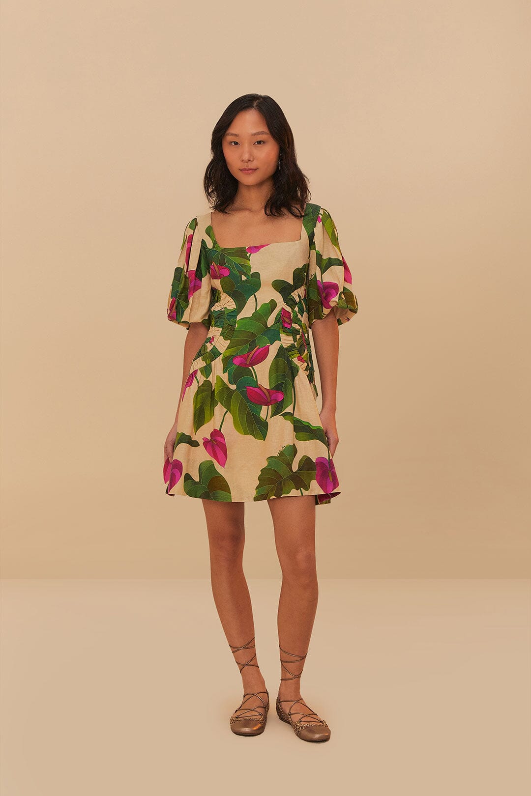 Anthurium Leaves Short Sleeve Square Neck Dress in Sand