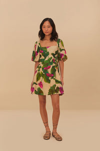 Anthurium Leaves Short Sleeve Square Neck Dress in Sand