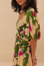 Load image into Gallery viewer, Anthurium Leaves Short Sleeve Square Neck Dress in Sand
