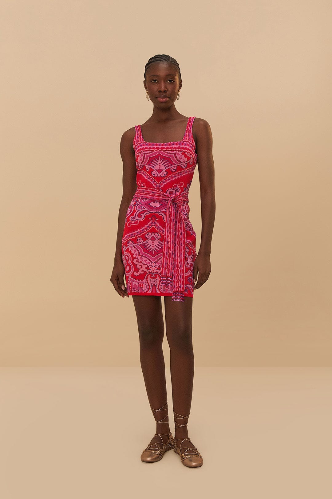 Paisley Scarf Knit Mini Dress in Red