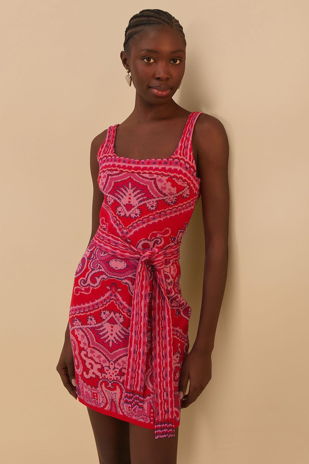 Paisley Scarf Knit Mini Dress in Red