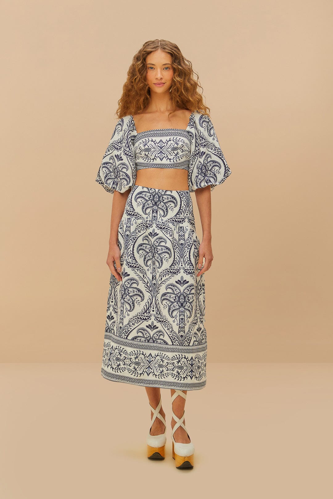 Tropical Cameo Midi Skirt in Off-White