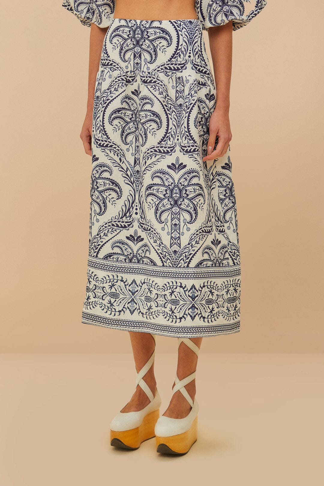 Tropical Cameo Midi Skirt in Off-White