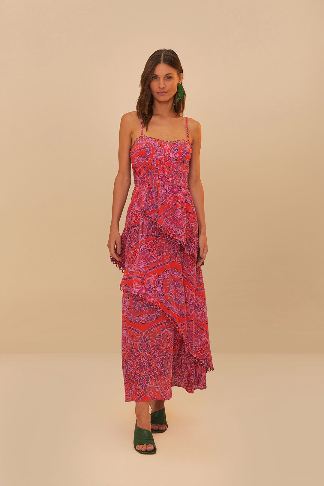 Paisley Scarf Loopy Trim Maxi Dress in Red