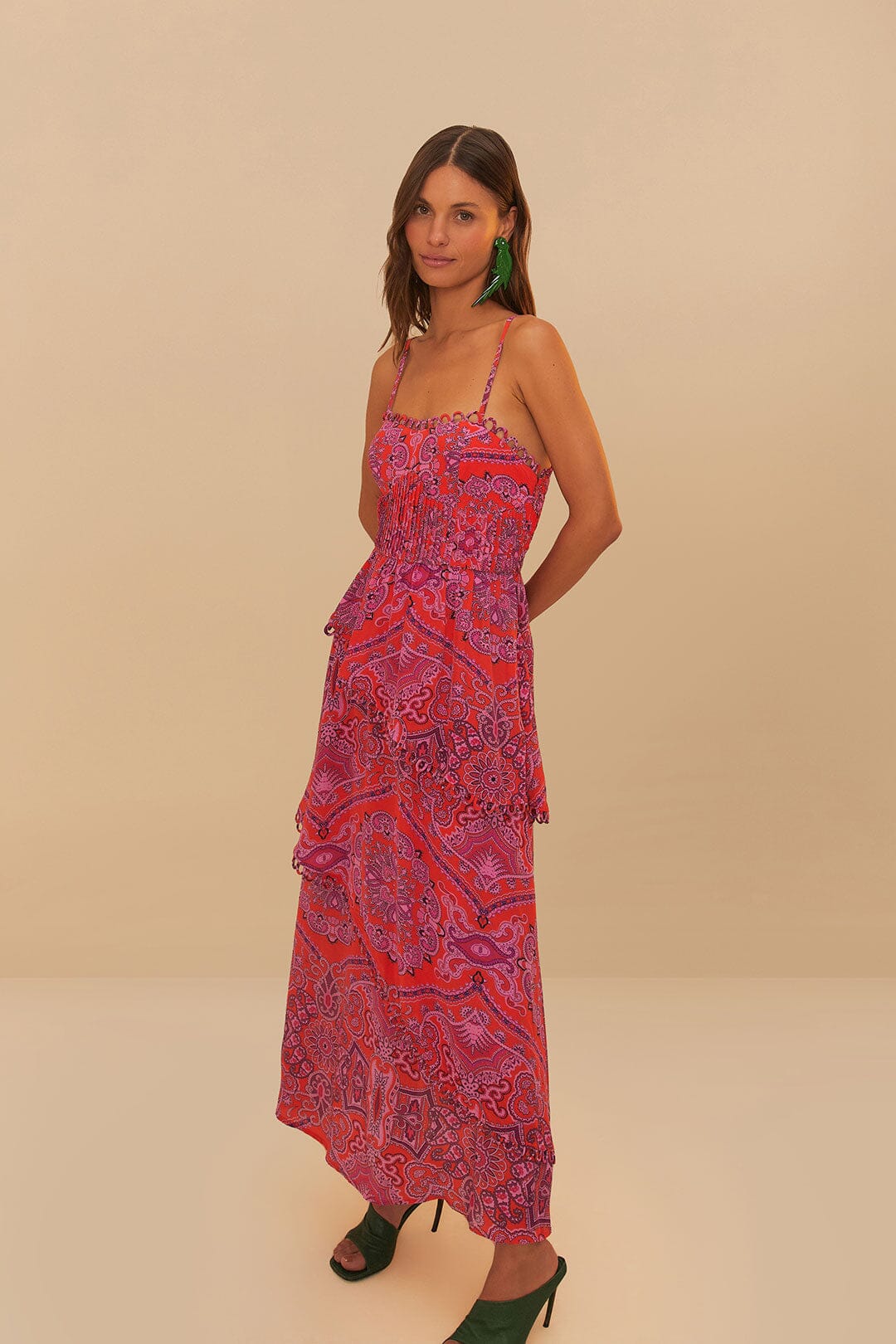 Paisley Scarf Loopy Trim Maxi Dress in Red
