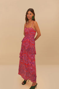 Paisley Scarf Loopy Trim Maxi Dress in Red